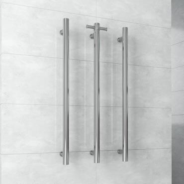 Thermorail Round 12 Volt Vertical Single Heated Towel Rail - Brushed Stainless Steel