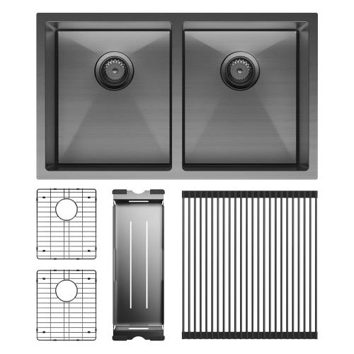 KITCHEN & LAUNDRY - Hana Carbon Metal Double Bowl Sink - Kit (Includes Sink & Roll Up Drainer)