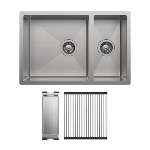 KITCHEN & LAUNDRY - Hana Stainless Steel Double Bowl Sink KIT - Kit (Includes Sink & Roll Up Drainer)