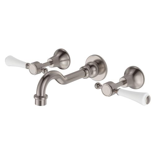 TAPWARE - Lillian Lever Basin/Bath Wall Set Ceramic White Handle - Brushed Nickel