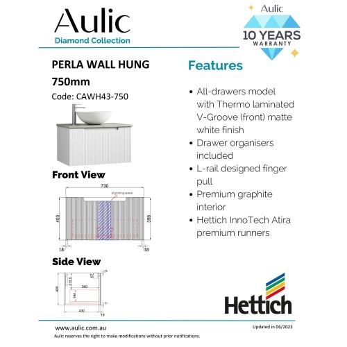 VANITIES - Perla Wall Hung Vanity - 750mm