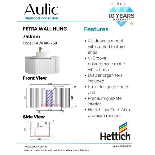 VANITIES - Petra Wall Hung Vanity - 750mm