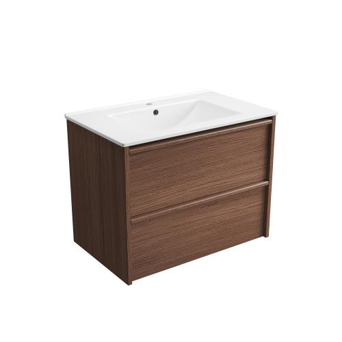 VANITIES - Venetta Framed Wall Hung Vanity - Walnut, 750mm, Ceramic Top